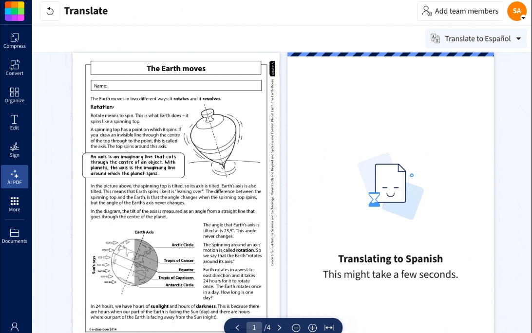 Smallpdf's AI Translate tool quickly and efficiently translates a document, with the translation process and languages visible.