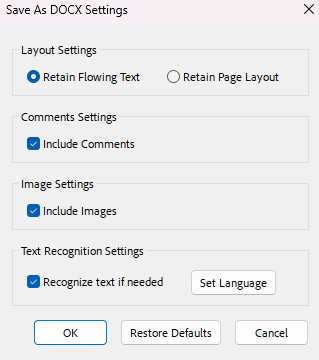 Adobe Acrobat offers various settings for exporting PDFs in different formats.