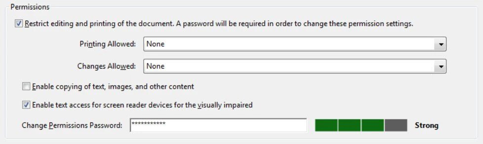 Adobe Acrobat's Permissions panel displays controls for document printing, editing, copying, and accessibility, with password protection and strength indicator for security settings.