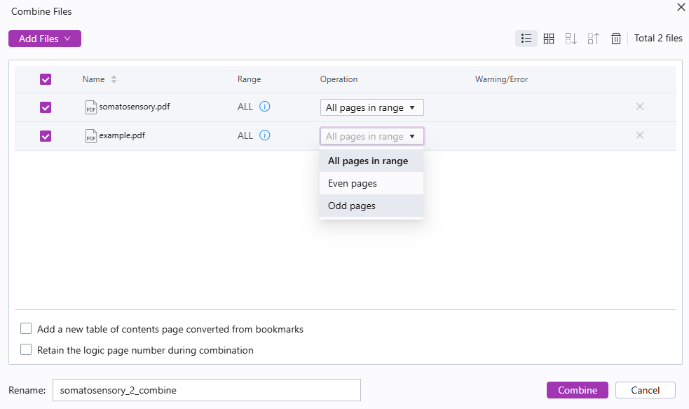 Foxit’s Combine Files feature offers granular settings.