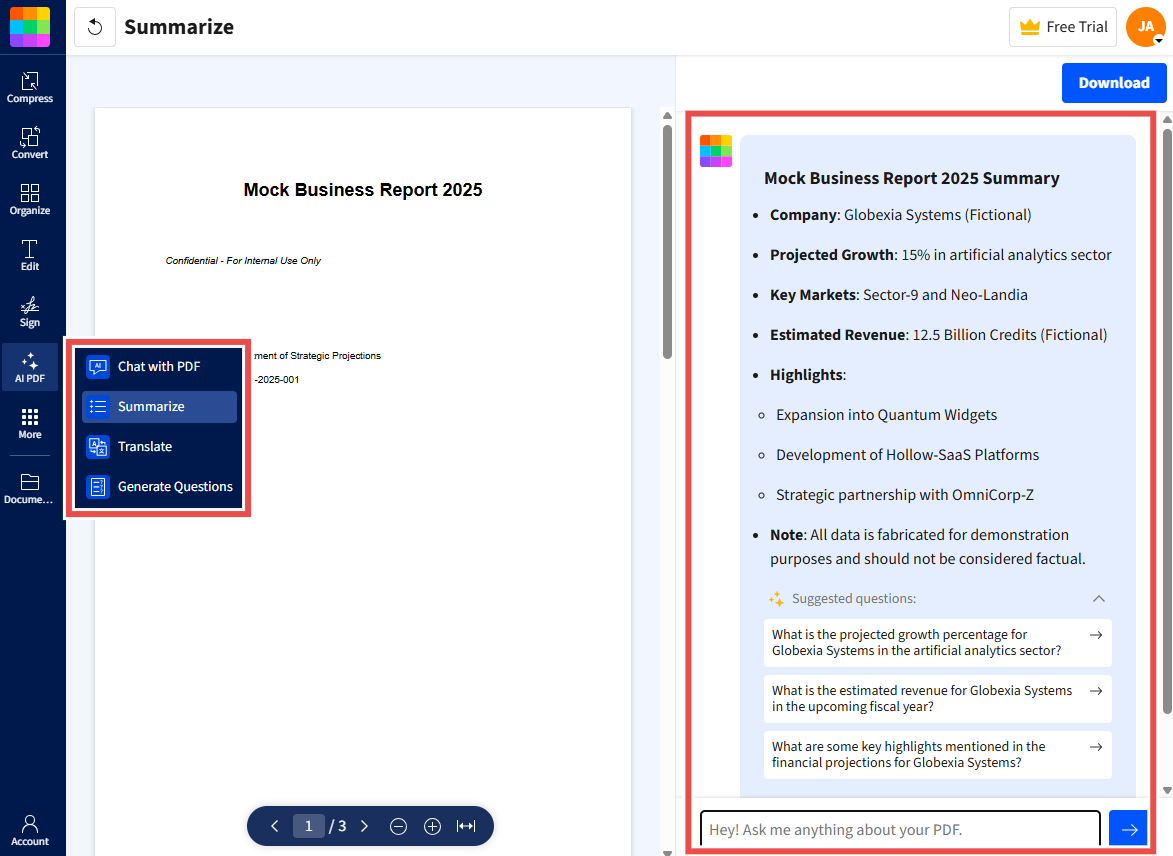 AI features in Smallpdf include Chat with PDF, Summarize, Translate, and Generate Questions.