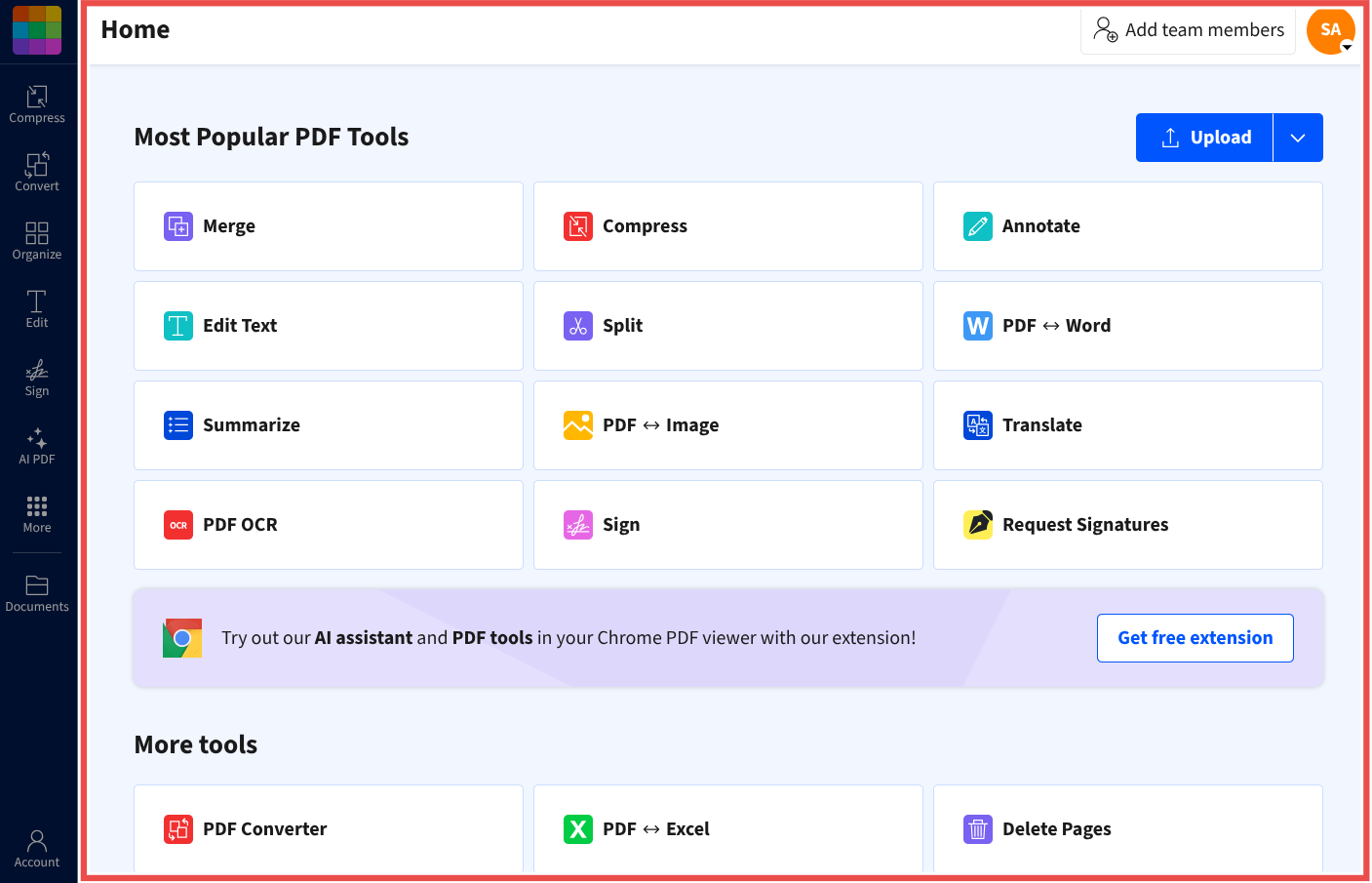 Smallpdf's main dashboard highlights popular PDF tools like compress, convert, and edit, along with a sidebar for navigation and a header for account management.