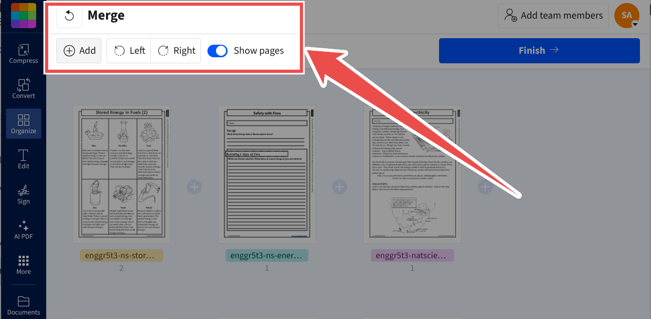 Smallpdf's Merge PDF tool features an intuitive navigation bar that guides users through the process of merging PDF files, organizing pages, and accessing additional functionalities.