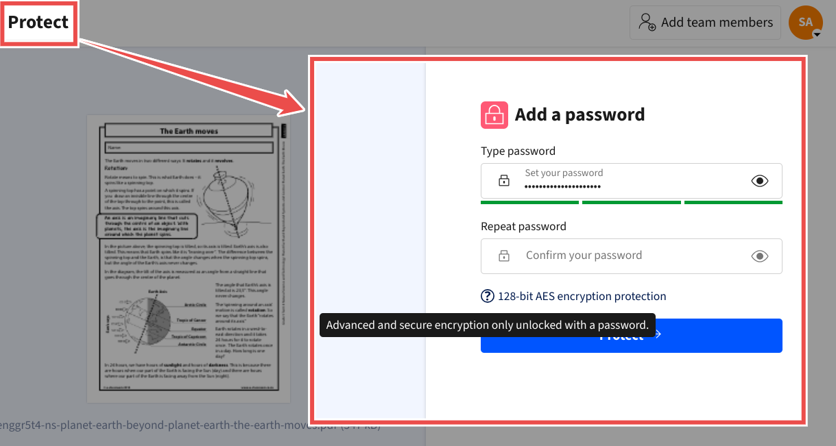 Smallpdf’s password protection interface showcases a document preview, password input fields, and clear information about 128-bit AES encryption.